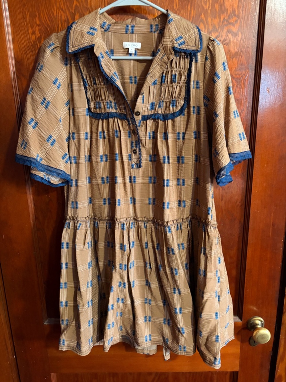 Pilcro Tan Dress with Blue Check Detail